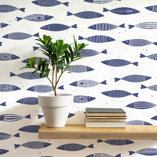 Papel Pintado Costa Blanca Azul de la Marina de Pescado de Sardi (Fun coastal sardines fish wallpaper in navy blue and white)
