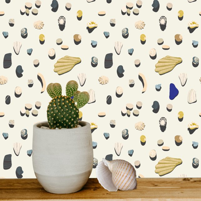 Papel Pintado Costa de Beachcombing (Beachcombing shell pattern coastal art wallpaper)