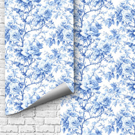 Papel Pintado Cottage Blue French Toile Roses Floral Wallpaper 