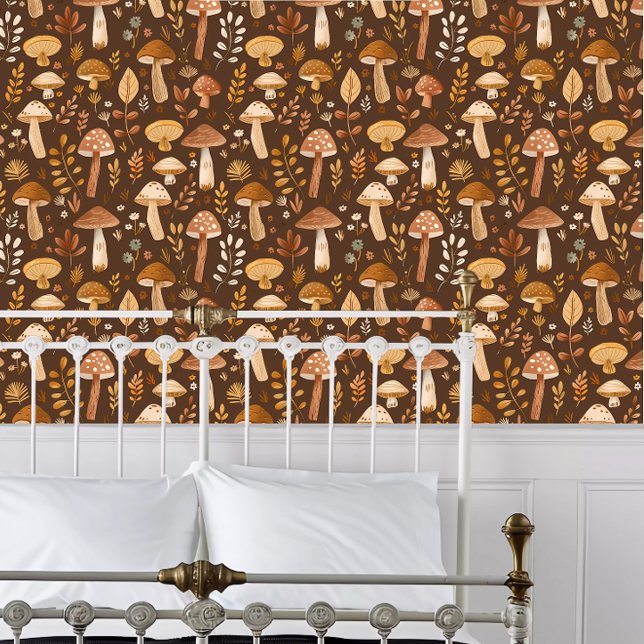 Papel Pintado Cottagecore Brown Mushrooms (Cottagecore Brown Mushrooms Wallpaper behind a white metal bed frame. )