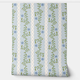 Papel Pintado Cottagecore Climbing Floral Stripes on Light Blue