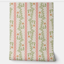 Papel Pintado Cottagecore Climbing Floral Stripes Pink & Beige
