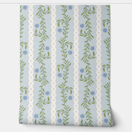 Papel Pintado Cottagecore Subiendo Rayas Florales en Azul Claro