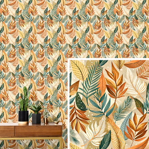 Papel Pintado Cream Brown Dark Green Leaves Autumn Tones Leaf