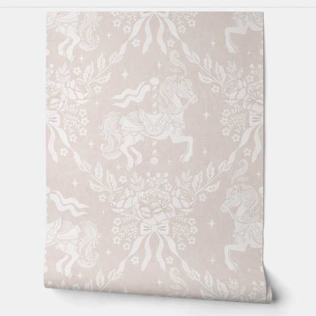 Papel Pintado Creamy Beige Rococo Carousel Horses & Florals (Desenrollar)