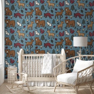 Papel Pintado Crema de animales de Doodle para bosques de bosque