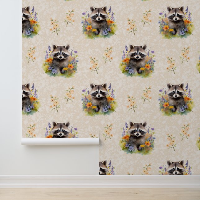 Papel Pintado Crema de flores silvestres para bebés Raccoon (Solicitud)