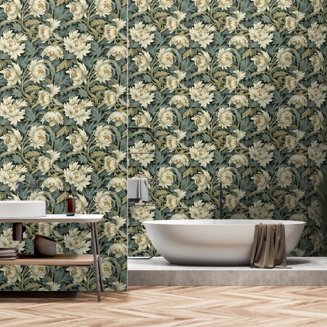 Papel Pintado Crema verde floral vintage (Baño)