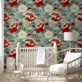 Papel Pintado Crema Vibrante, Rojo, Floral Vintage Azul Teal
