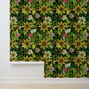 Papel Pintado Crepúsculo tropical: hojas y flores exuberantes