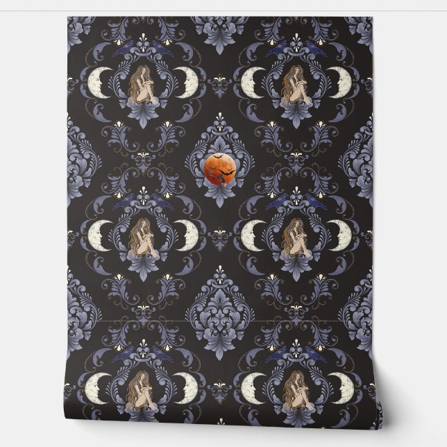 Papel Pintado Crescent gótico Luna Maiden Damasco Azul (Desenrollar)