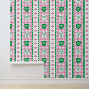 Papel Pintado Crest de tenis preppy de gingham en rosa y verde