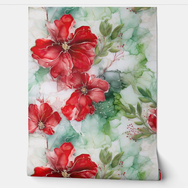 Papel Pintado Crimson Yuletide Blooms Botánico (Desenrollar)