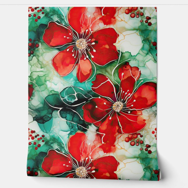 Papel Pintado Crimson Yuletide Blooms Botánico (Desenrollar)