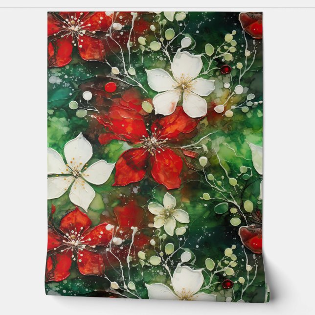 Papel Pintado Crimson Yuletide Blooms Botánico (Desenrollar)