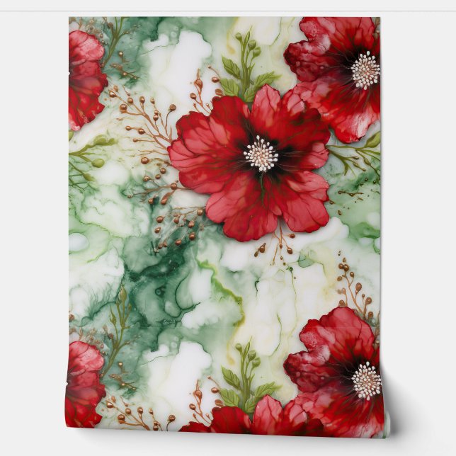 Papel Pintado Crimson Yuletide Blooms Botánico (Desenrollar)