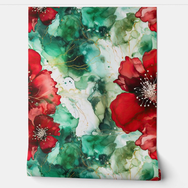 Papel Pintado Crimson Yuletide Blooms Botánico (Desenrollar)