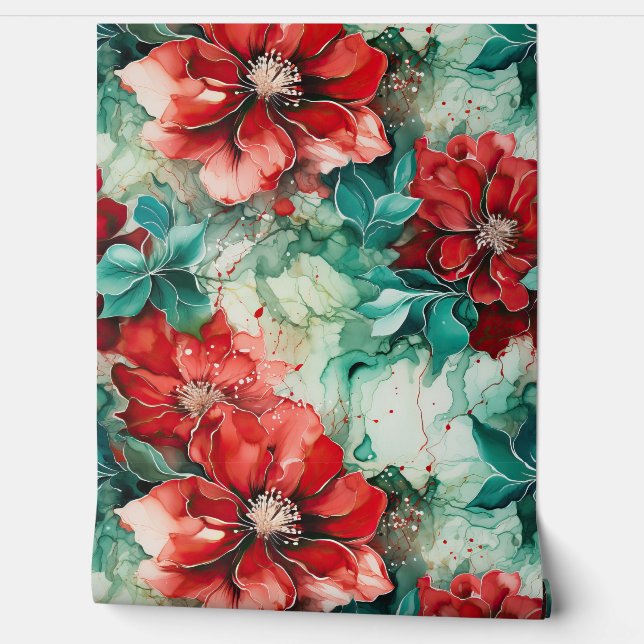 Papel Pintado Crimson Yuletide Blooms Botánico (Desenrollar)