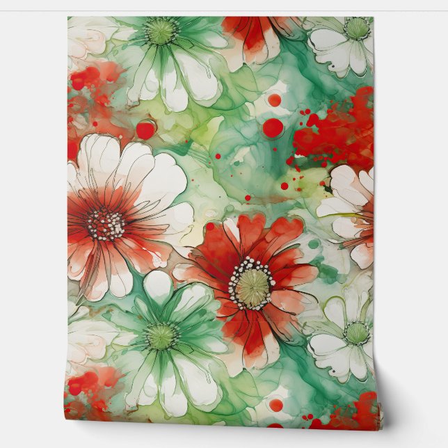 Papel Pintado Crimson Yuletide Blooms Botánico (Desenrollar)