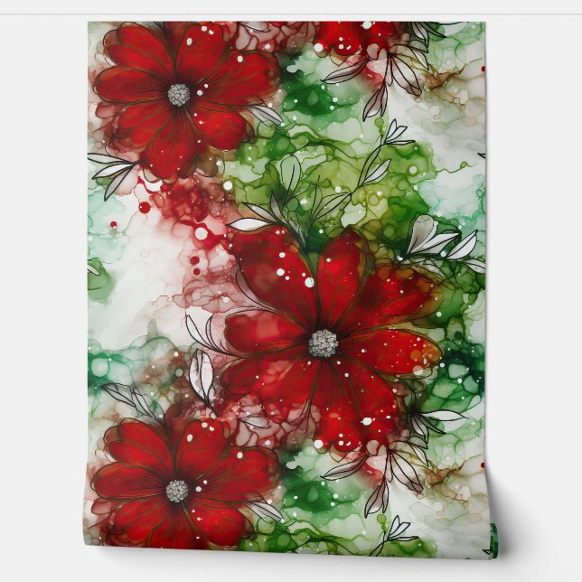 Papel Pintado Crimson Yuletide Blooms Botánico (Desenrollar)