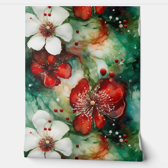 Papel Pintado Crimson Yuletide Blooms Botánico (Desenrollar)