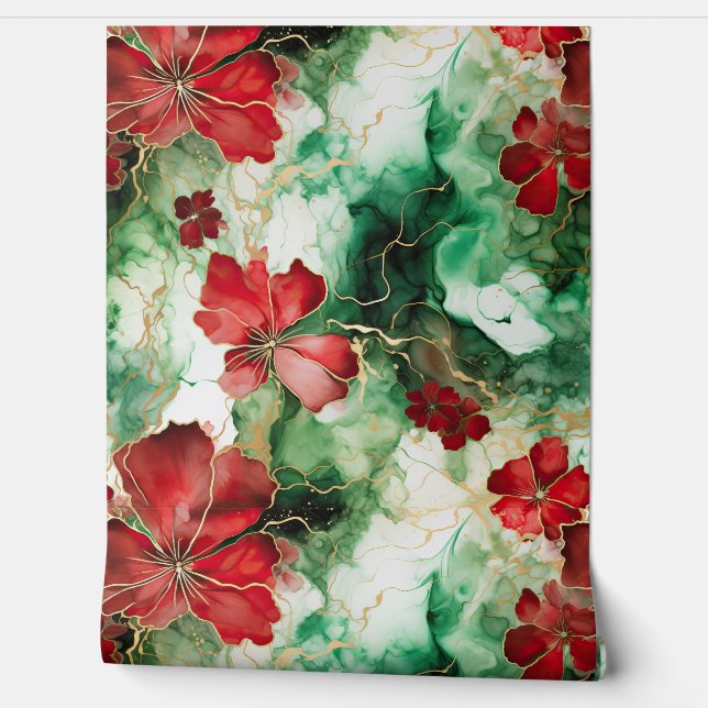 Papel Pintado Crimson Yuletide Blooms Botánico (Desenrollar)