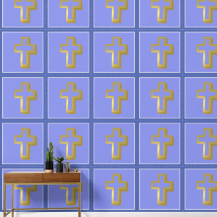 Papel Pintado Cruz Dorada ligera cristiana en Lavender e Iris az