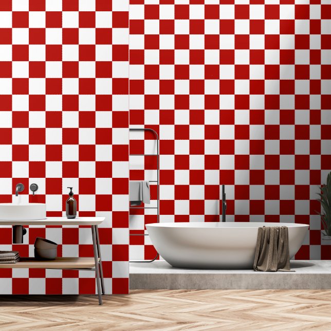 Papel Pintado Cuadrados a cuadros rojos blancos geométricos retr (Baño)