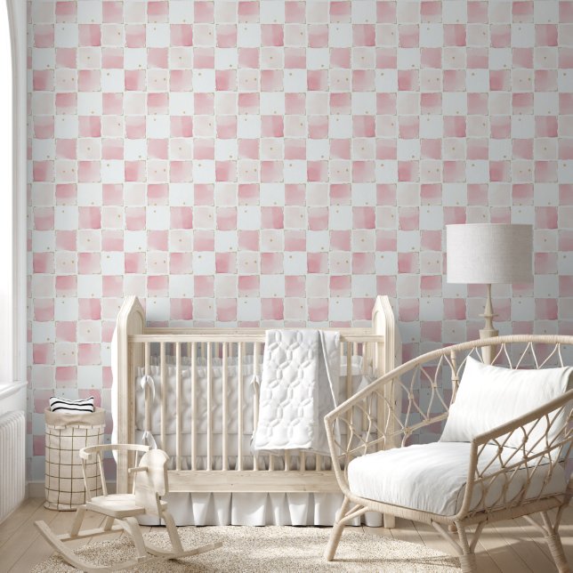 Papel Pintado Cuadrados blancos rosados de moda (Niños)