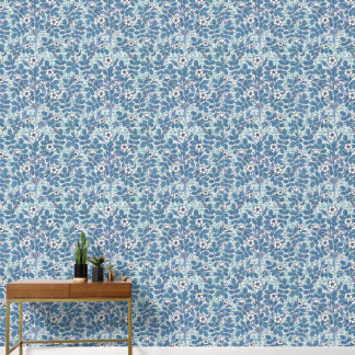 Papel Pintado Cuadrados Botánicos de Hojas Azules y Flores Blanc