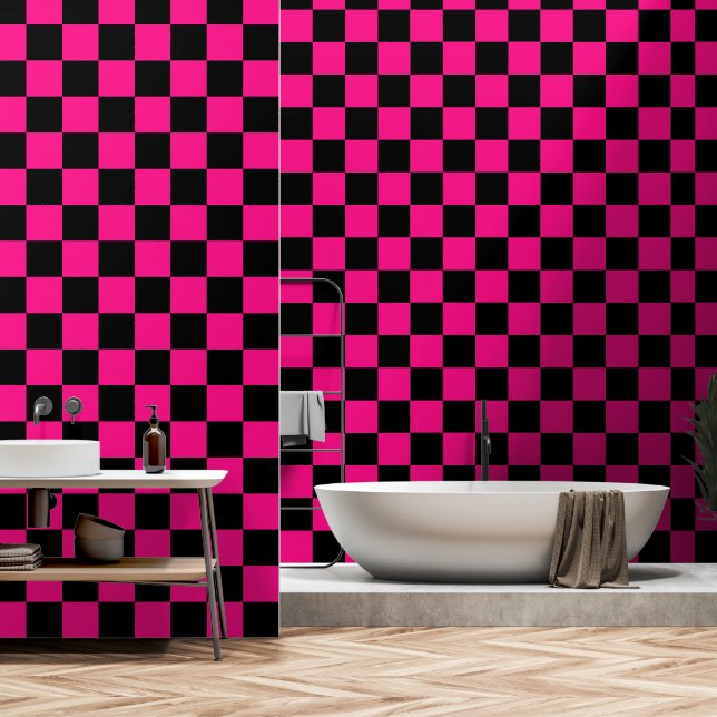Papel Pintado Cuadrados controlados retro geométrico negro rosa  (Baño)
