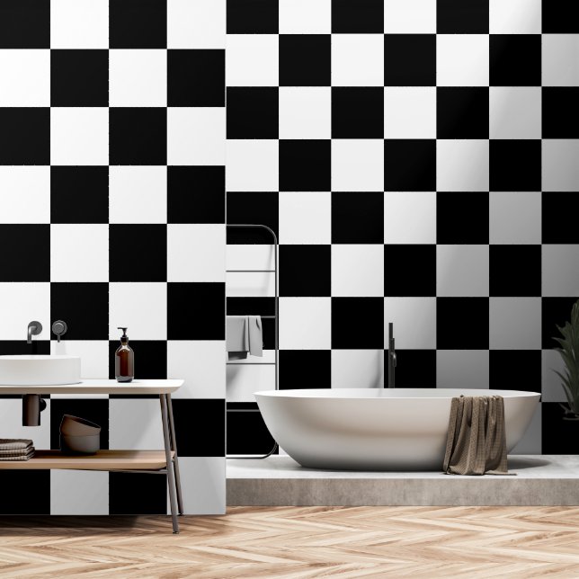 Papel Pintado Cuadrados controlados Retro geométrico negro y bla (Baño)