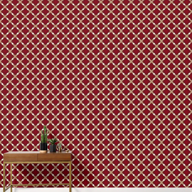 Papel Pintado Cuadrados de Borgoña en Tan y Blanco (Pasillo)
