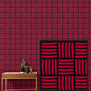 Papel Pintado Cuadrados en rejilla negra sobre rojo Tejido de ce