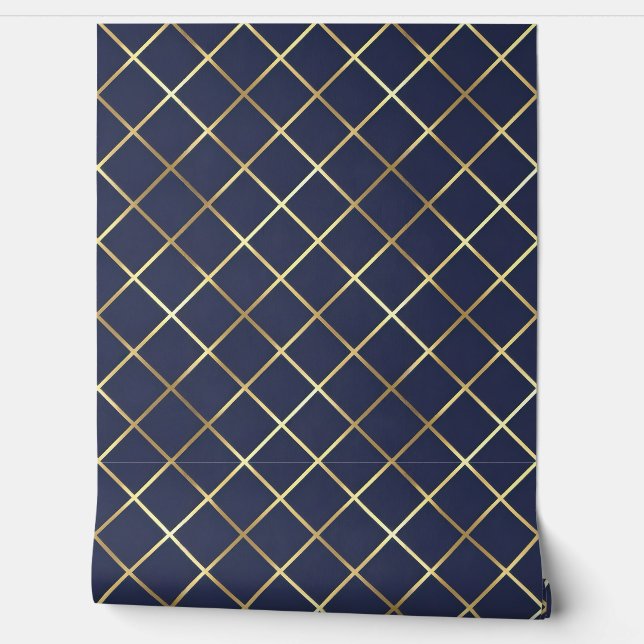 Papel Pintado Cuadrícula moderna de marina y diamantes de oro (Desenrollar)