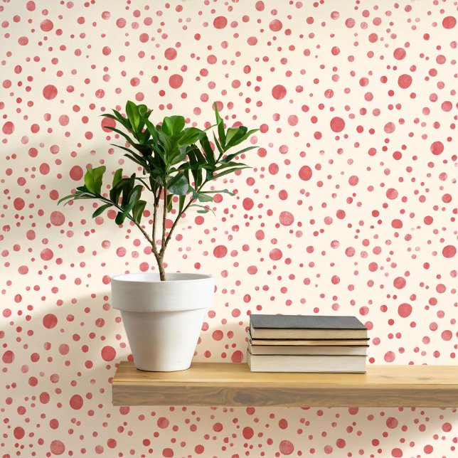 Papel Pintado Cuadros de agua y puntos Crema roja (Pretty red and cream dots and spots watercolor patterned art wallpaper)