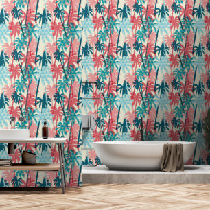Papel Pintado Cuarto de baño colorido con palmeras