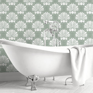 Papel Pintado Cuarto de baño costero Sage Green y White Seashell