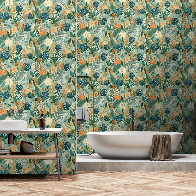 Papel Pintado Cuarto de baño moderno de hojas botánicas tropical (Baño)