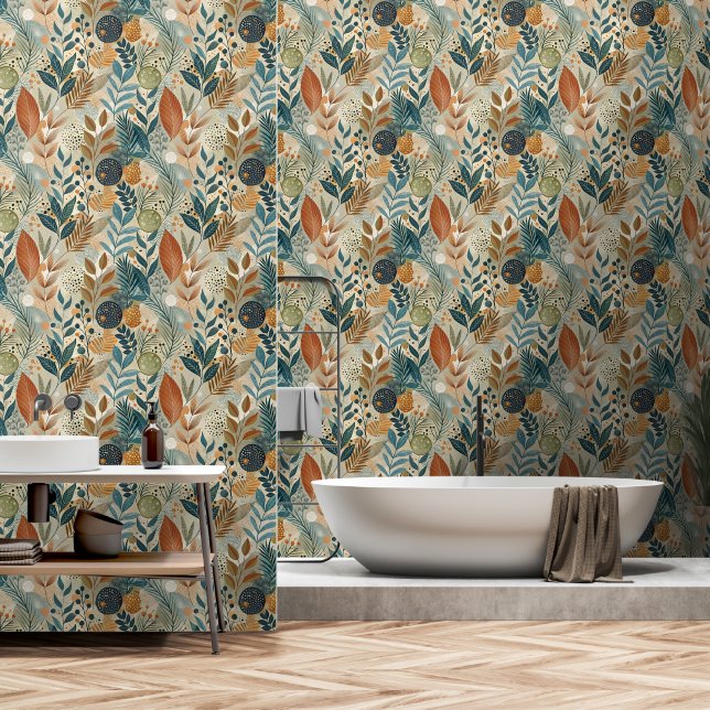 Papel Pintado Cuarto de baño moderno de hojas botánicas tropical (Baño)