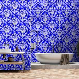 Papel Pintado Cubierta floral azul y blanca Damasco y palo