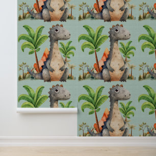 Papel Pintado Cuidados niños de palmeras de dinosaurios acuarela