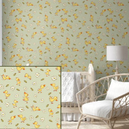 Papel Pintado Cuidados y divertidos Ducklings en verde claro