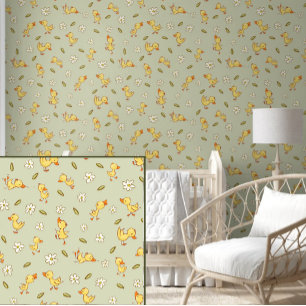 Papel Pintado Cuidados y divertidos Ducklings en verde claro