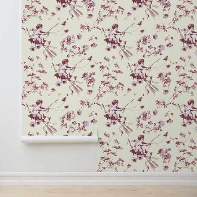 Papel Pintado Cupido cupido Ángel Rojo Marfil Floral (Solicitud)