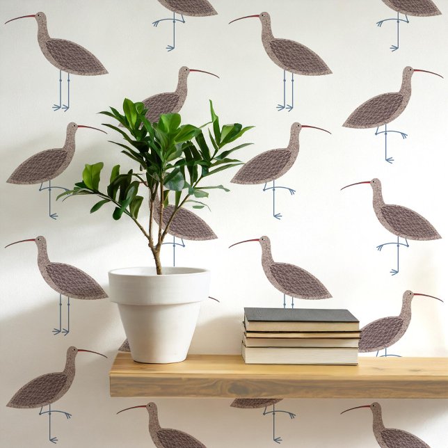Papel Pintado Curlew Bird Coastal Pattern (Curlew coastal bird art peel and stick wallpaper)