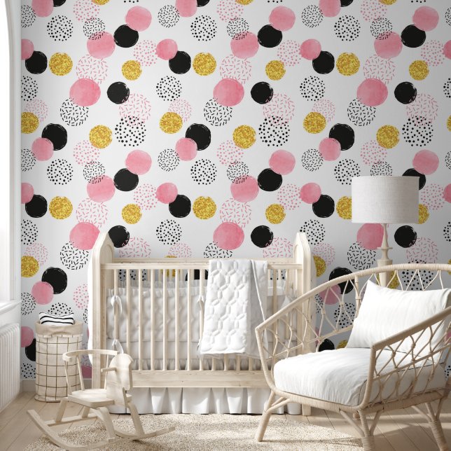 Papel Pintado Cuta acuarela Color rosa Negro Oro Polka Dots Nurs (Niños)