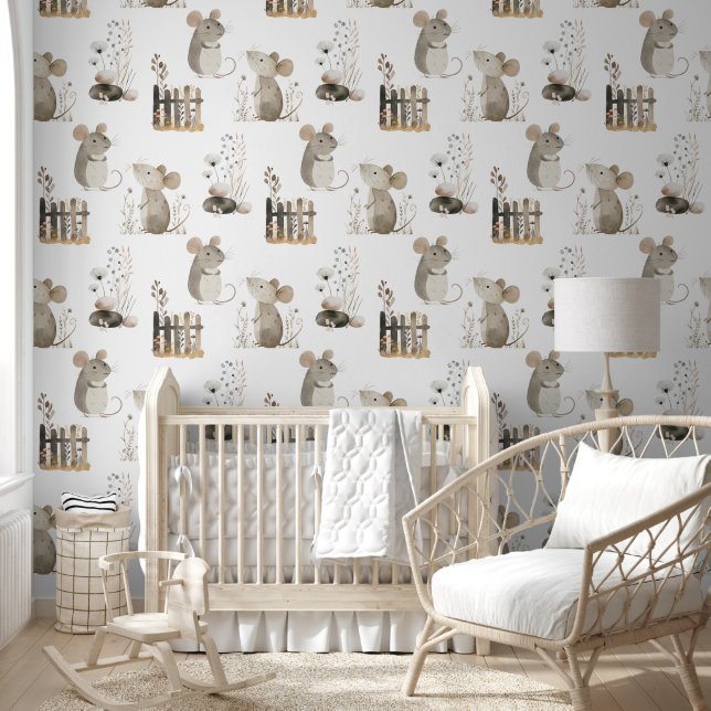 Papel Pintado Cute acuarela ratones Boho Nursera Neutral (Niños)