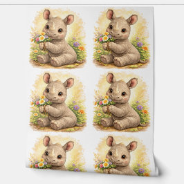 Papel Pintado Cute Baby Rhino Flower Pattern Wallpaper