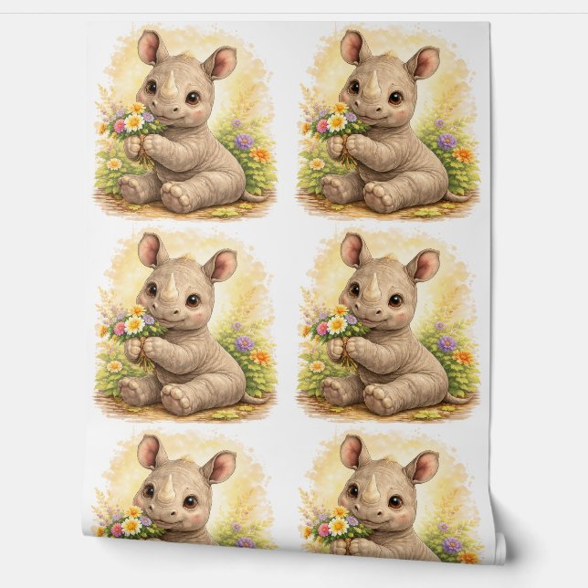 Papel Pintado Cute Baby Rhino Flower Pattern Wallpaper (Desenrollar)